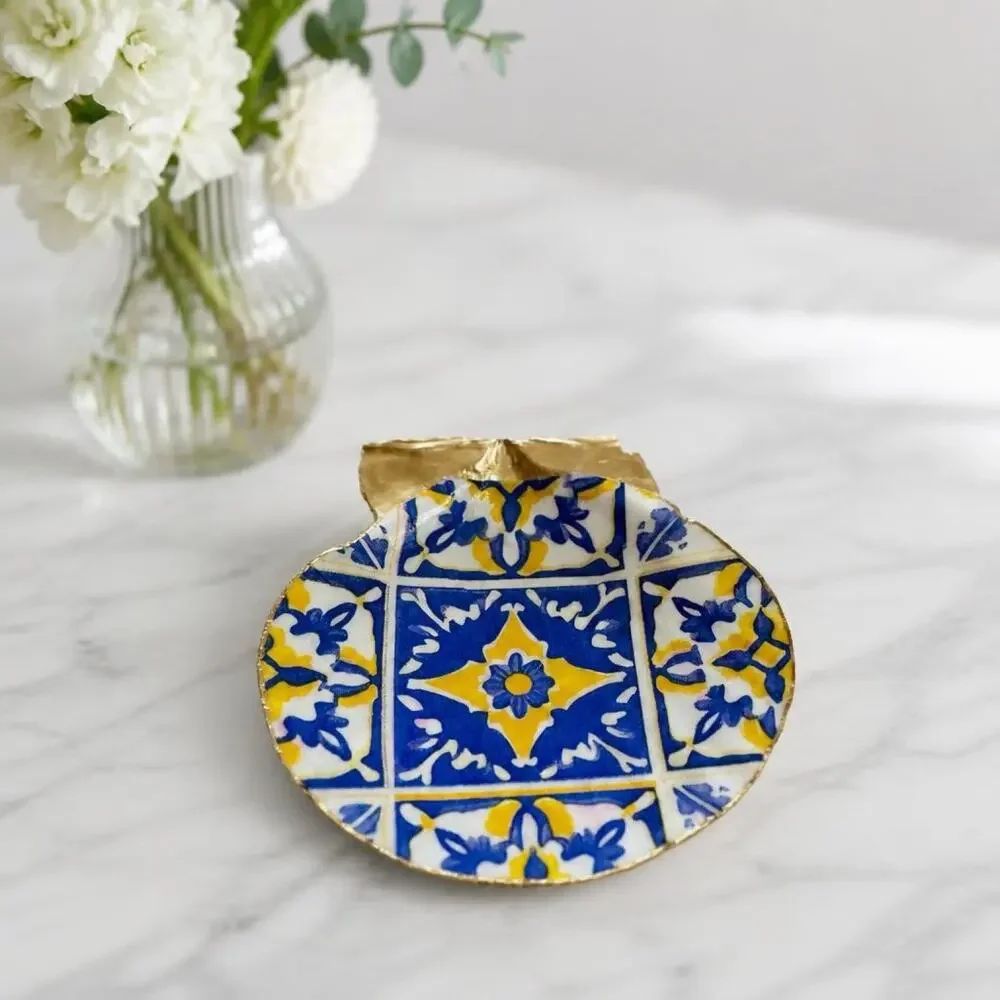 Mediterranean Tile Shell Trinket Dish | Blue Yellow Ring Holder